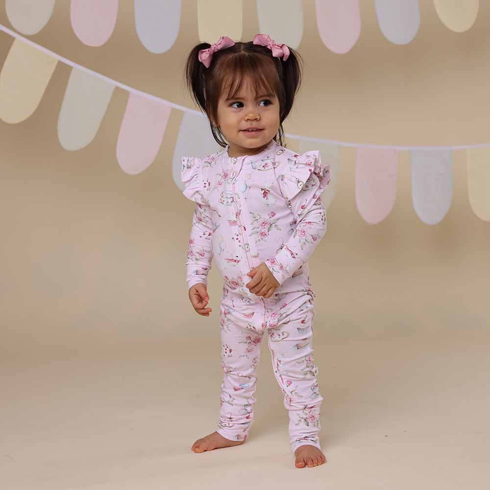 Snuggle Hunny - Alice’s Tea Party Organic Snugglesuit Convertible Romper with Frill - 0-3 Months (000)