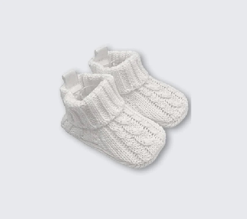 Playette Cable Knitted Booties - White - 0-6 months