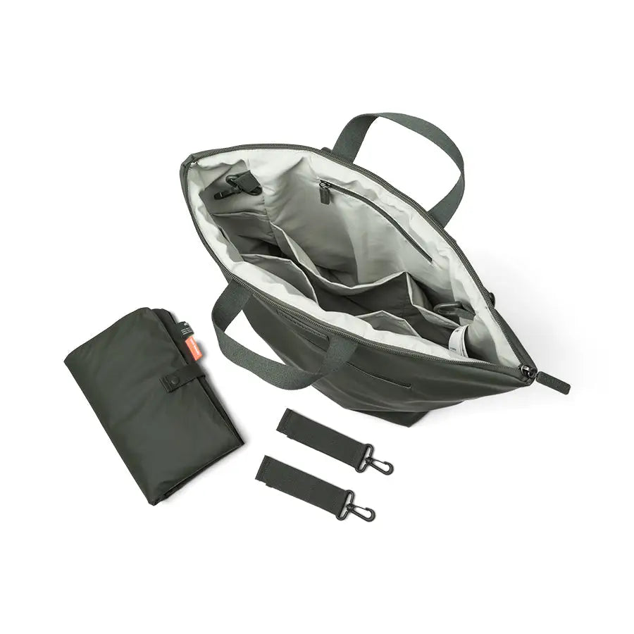 Open gray deer changing backpack with accessories made from recycled polyester