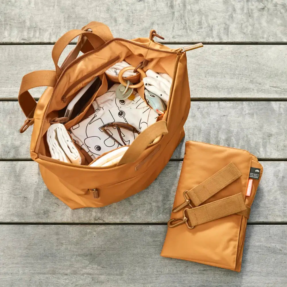 Open brown deer changing backpack with mat, perfect for toshi baby and baby strollers