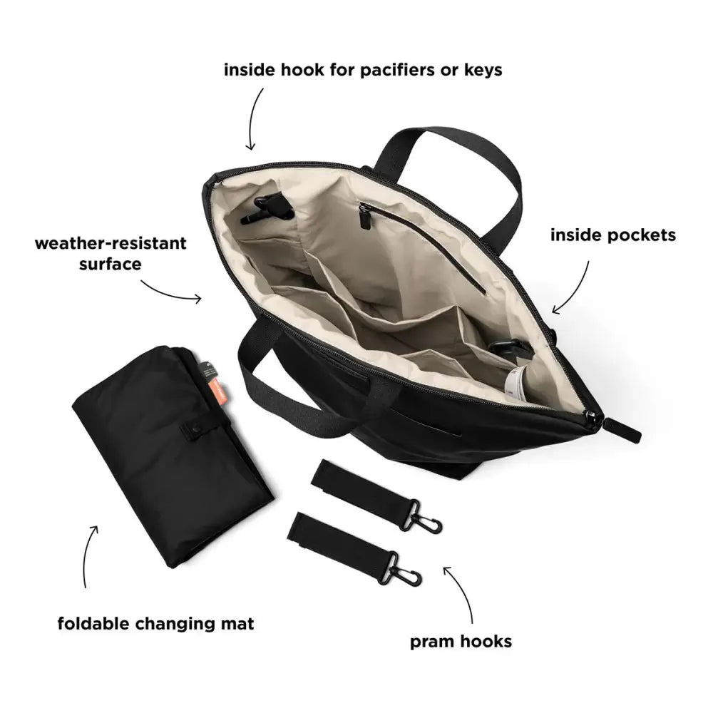 Black deer changing backpack with recycled polyester, accessories, and pram hooks by Toshi Baby