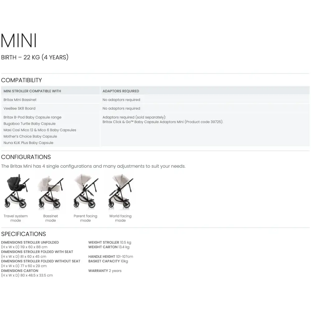 Britax Mini Stroller with Bassinet specs and configs, perfect for family adventures