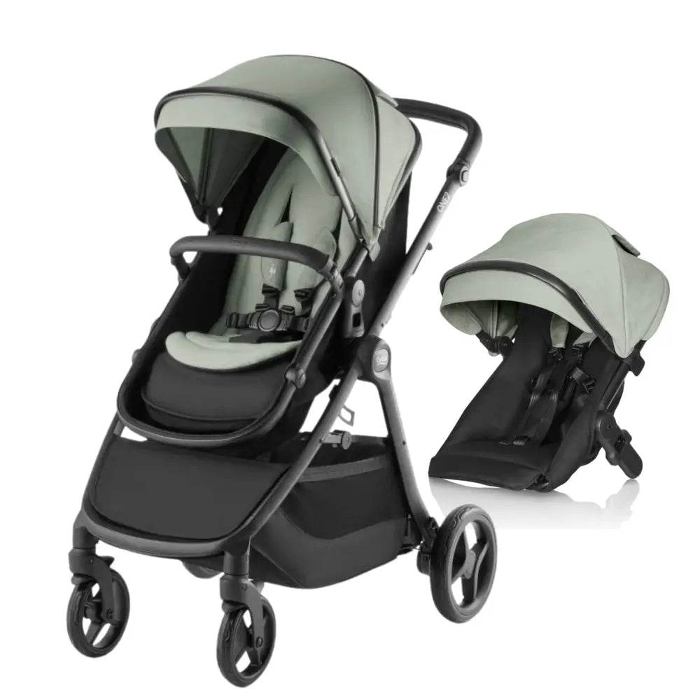Sage green and black Britax One2 Stroller with detachable seat for easy transition baby capsule