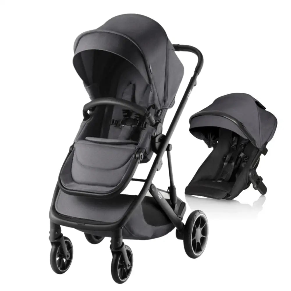Gray Britax One2 Stroller with detachable seat, easy transition baby capsule, and flexibility to combine second seat