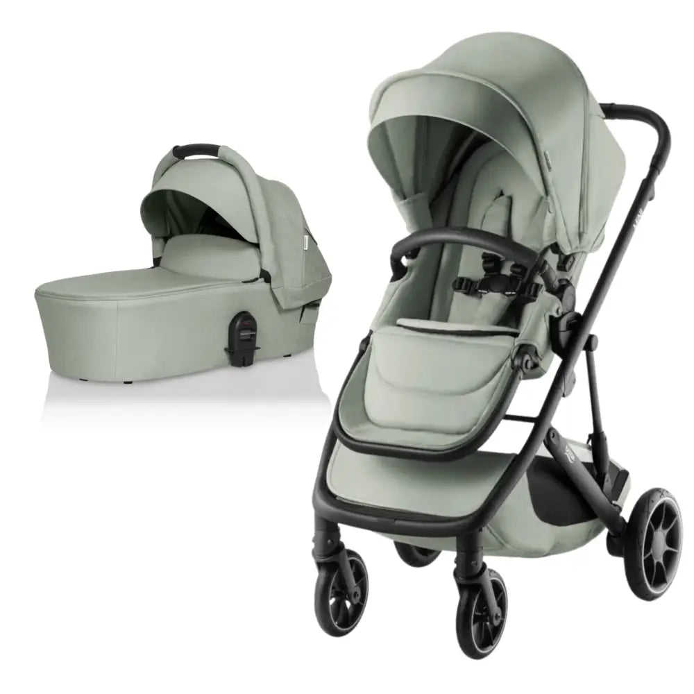 Sage green Britax Mini Stroller with Bassinet for baby adventures, perfect with Toshi Baby Romper