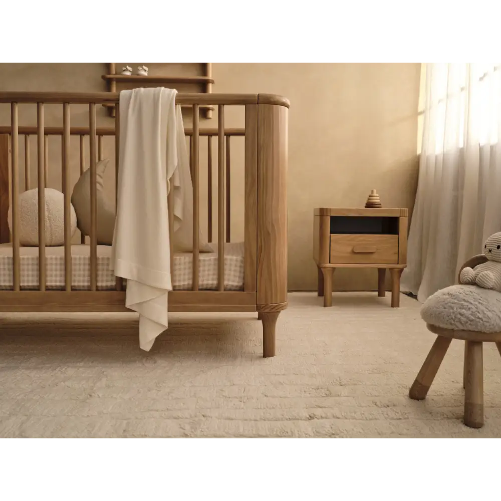 Wooden baby crib from Tasman Eco Willow 7 Pack with willow 3-door chest and pine toy box