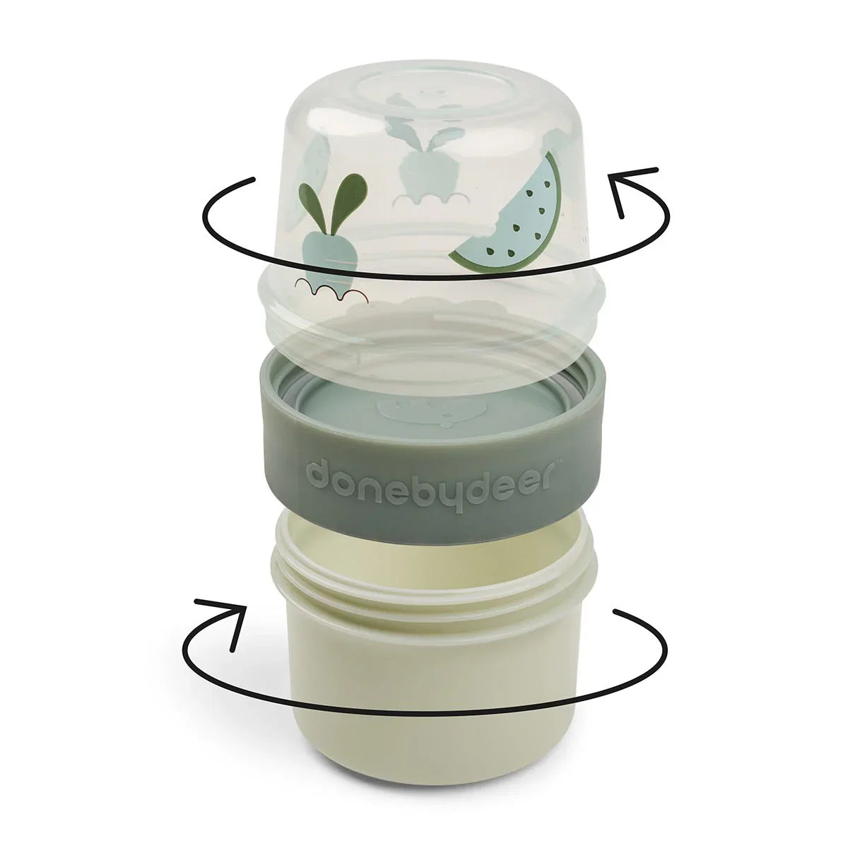 Done By Deer To Go 2-way snack container with rotating arrows for easy baby snack storage