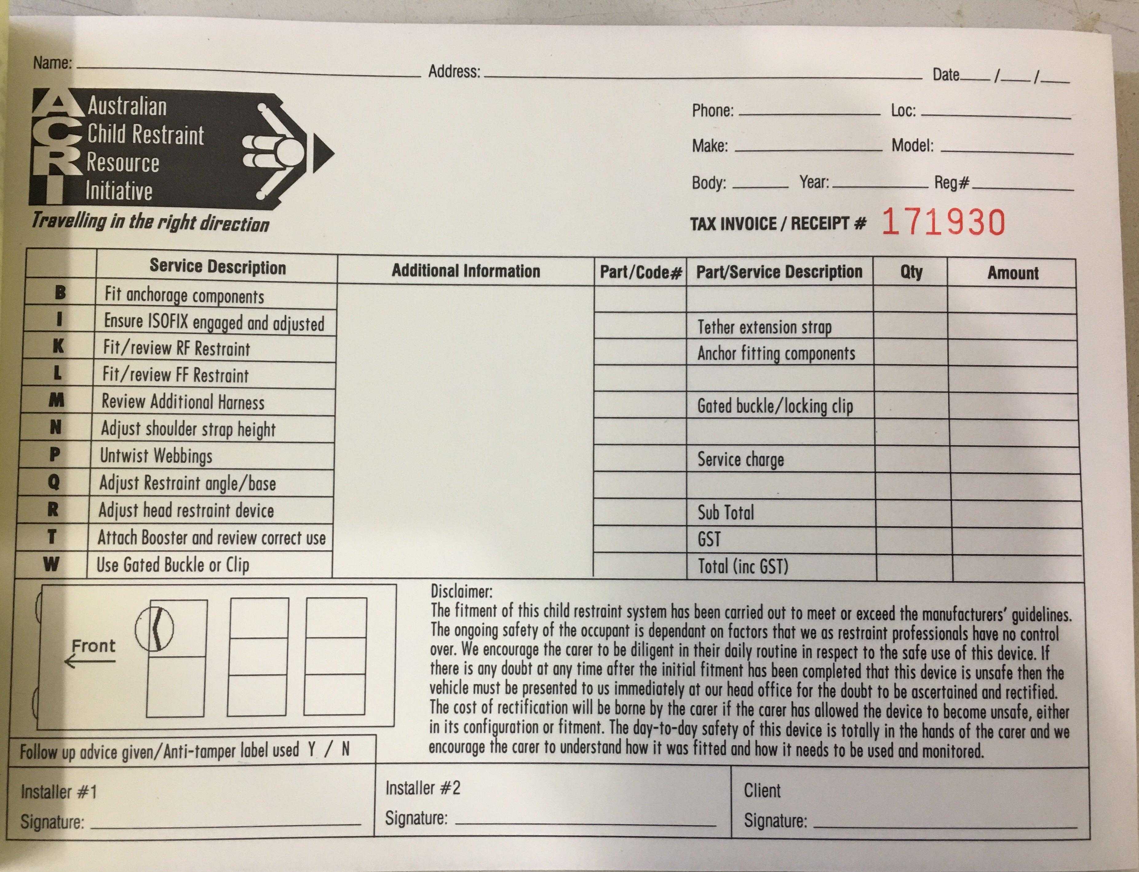 Accredited child seat installation invoice at Ferntree Gully store for safe baby strollers