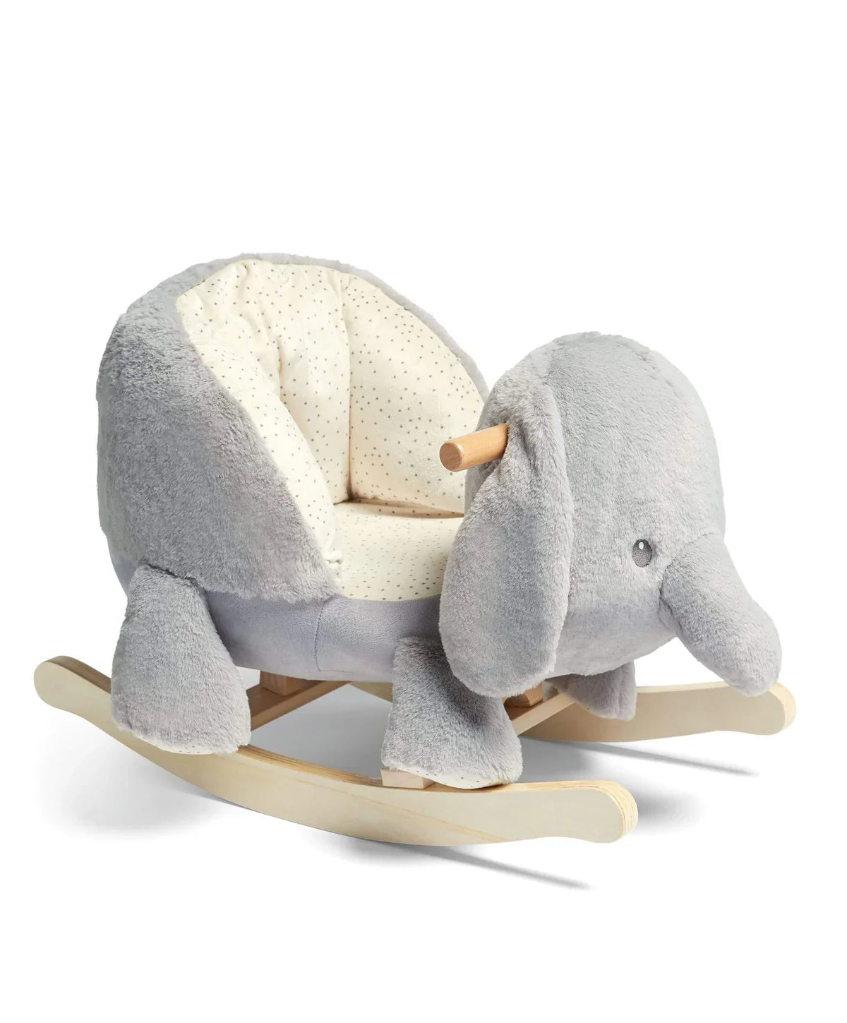 Gray plush papas rocking elephant toy from Mamas & Papas Rocking Elephant Ellery, adorable elephant rocking for Toshi baby romper style