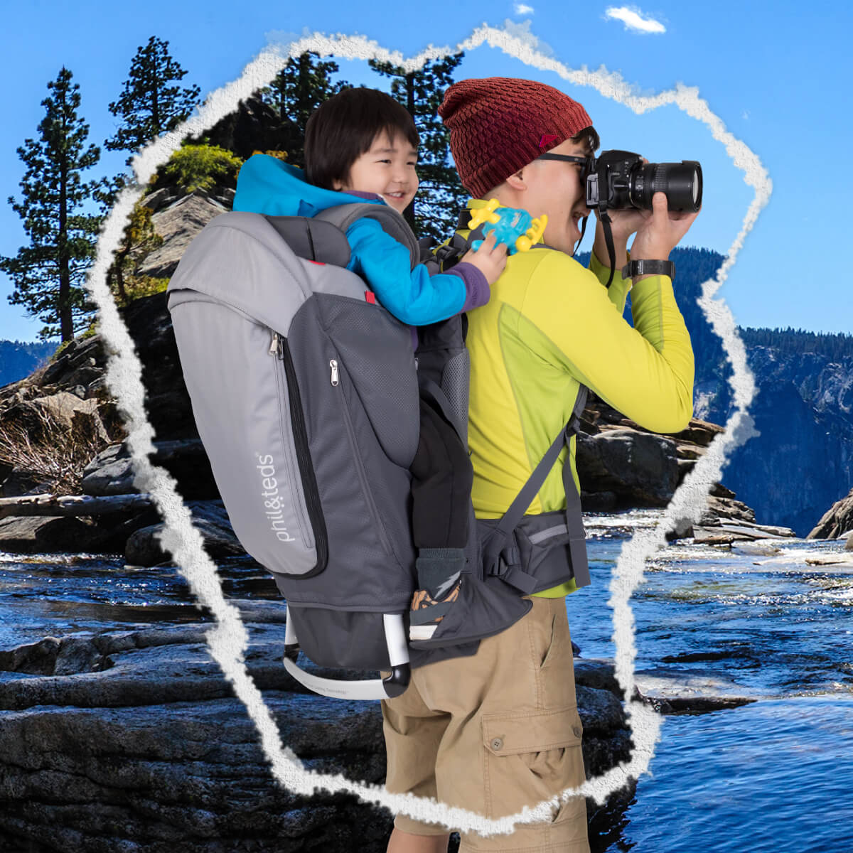 Child carrier backpack on Phil&Teds Escape carrier with Toshi baby romper and Odyssey wagon wheels