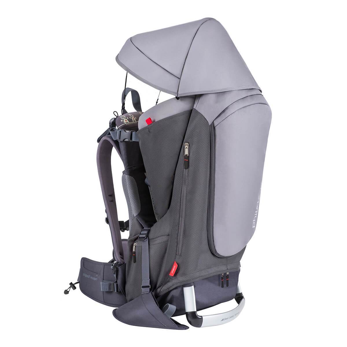 Gray child carrier backpack from Phil&Teds Escape for comfy baby strollers adventures