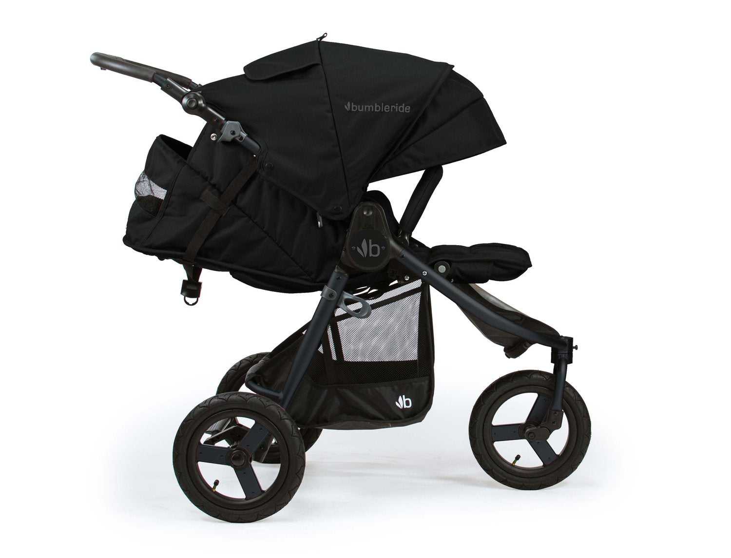 Black baby stroller seen with Bumbleride Indie Stroller and Toshi baby romper