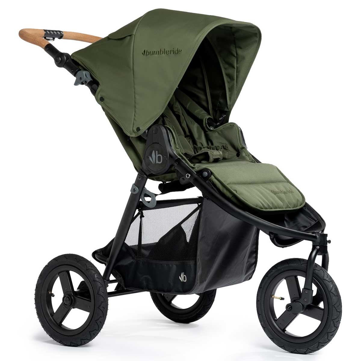 Green three-wheeled stroller from Bumbleride Indie Stroller line perfect with Toshi Baby Romper for baby strollers