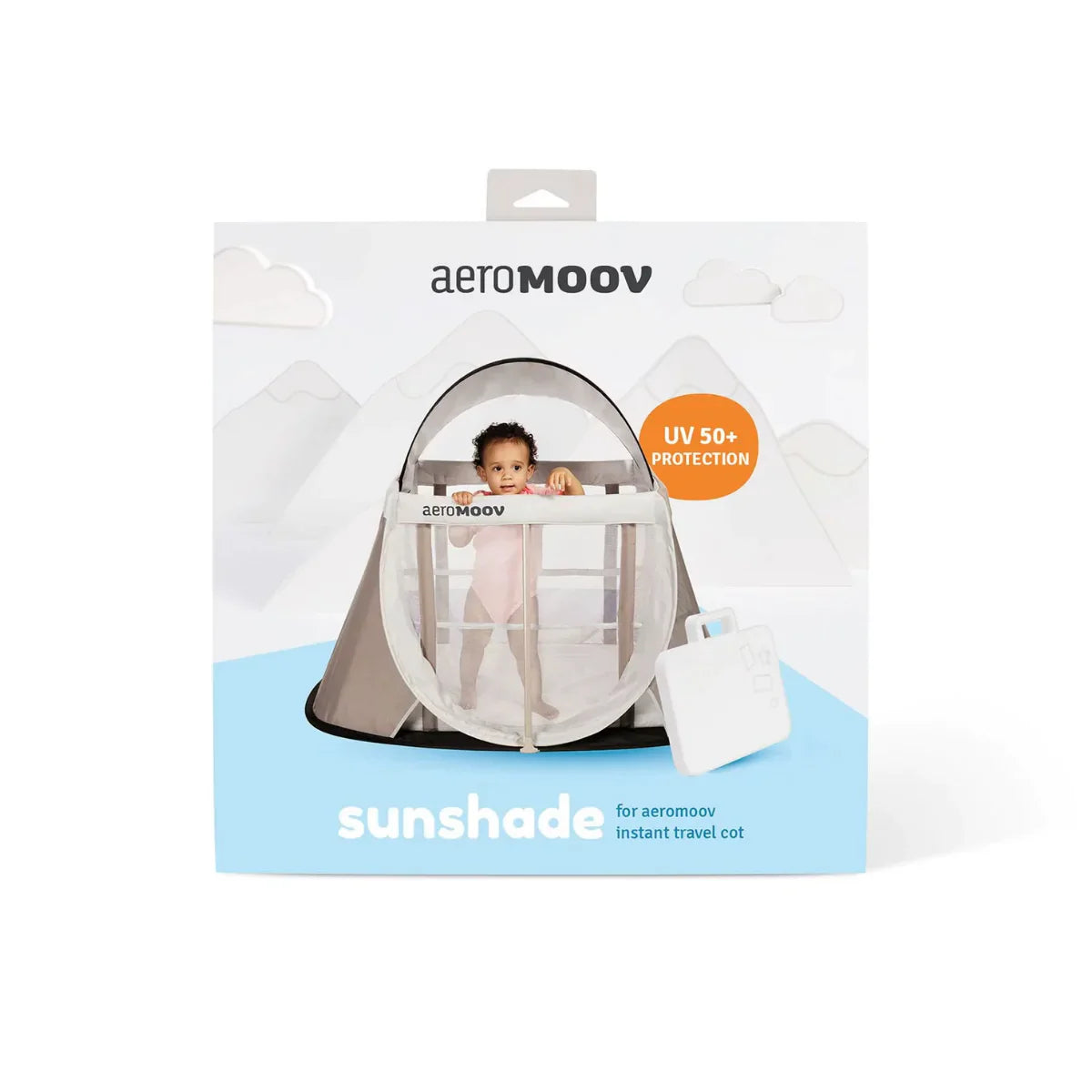 AeroMoov Sunshade UV50+ travel cot with Toshi baby romper and Odyssey Wagon Wheels