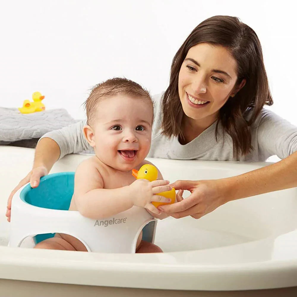 Angelcare Baby Bath Seat with smiling baby and rubber duck, perfect bath support