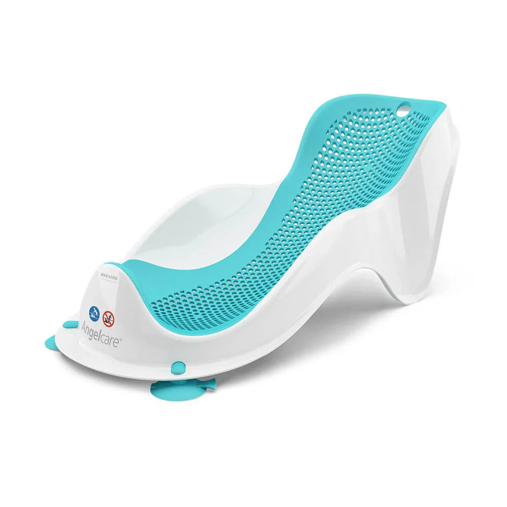 White and turquoise Angelcare Bath Support Fit for Toshi Baby Bath, perfect for baby strollers