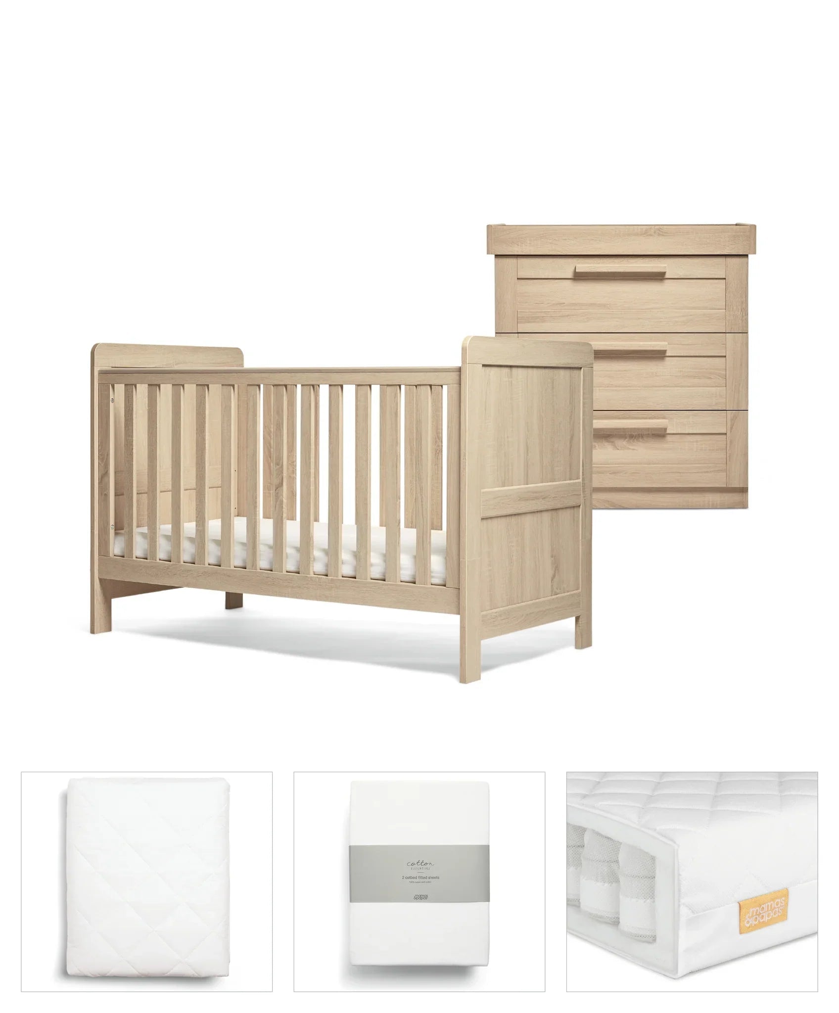 Wooden baby furniture set with cotbed mattress and comfy fitted sheets at Mamas&Papas