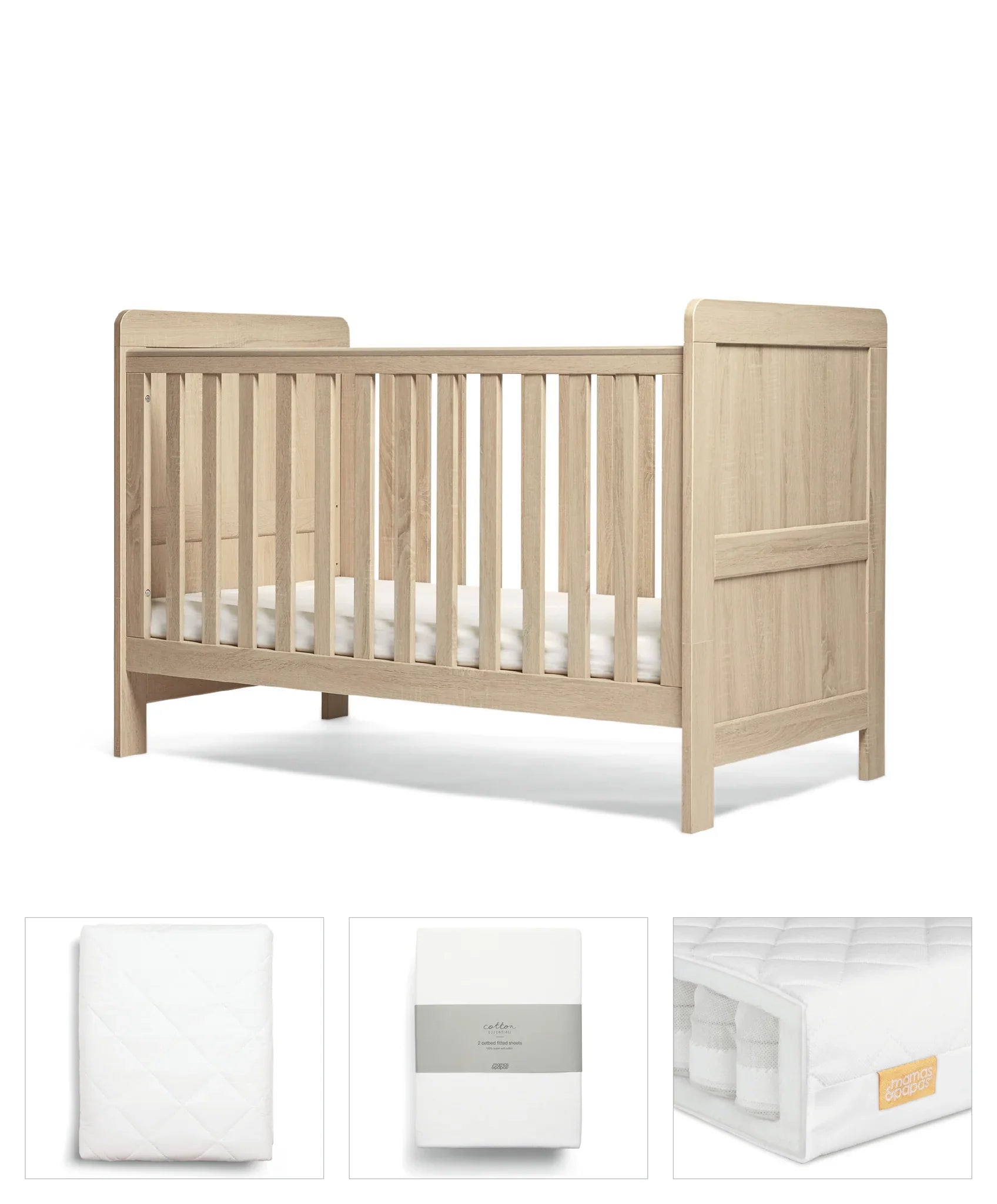 Wooden cot bed with mattress and bedding from Mamas&Papas Atlas 4 Piece Set Light Oak