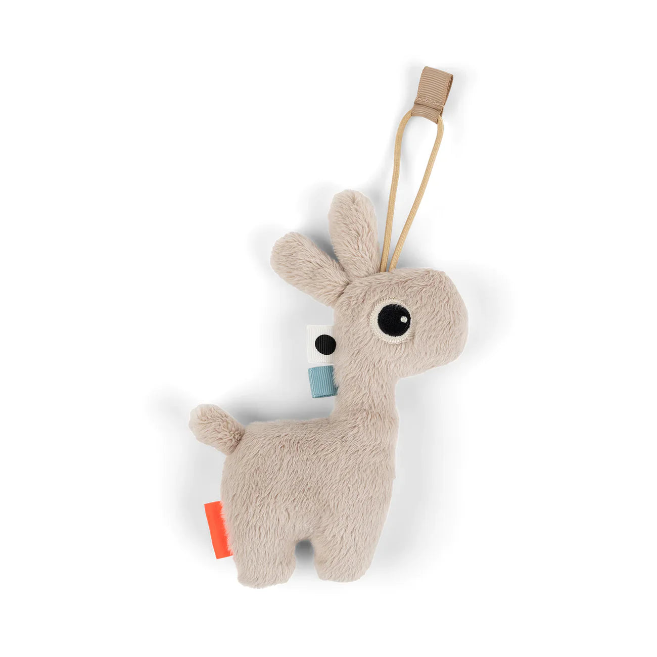 Beige plush donkey toy with hanging loop from Done by Deer Activity Gym SAND for discovery textile patch