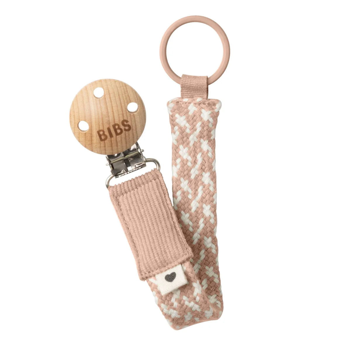BIBS Paci Braid pacifier clip with wooden button perfect for baby rompers and strollers