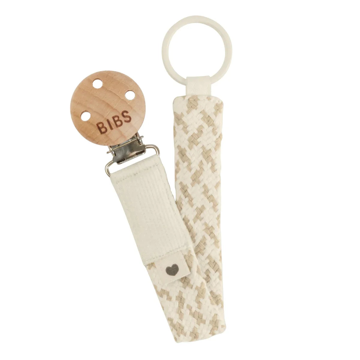 BIBS Paci Braid pacifier clip with wooden button and patterned strap for baby romper eva