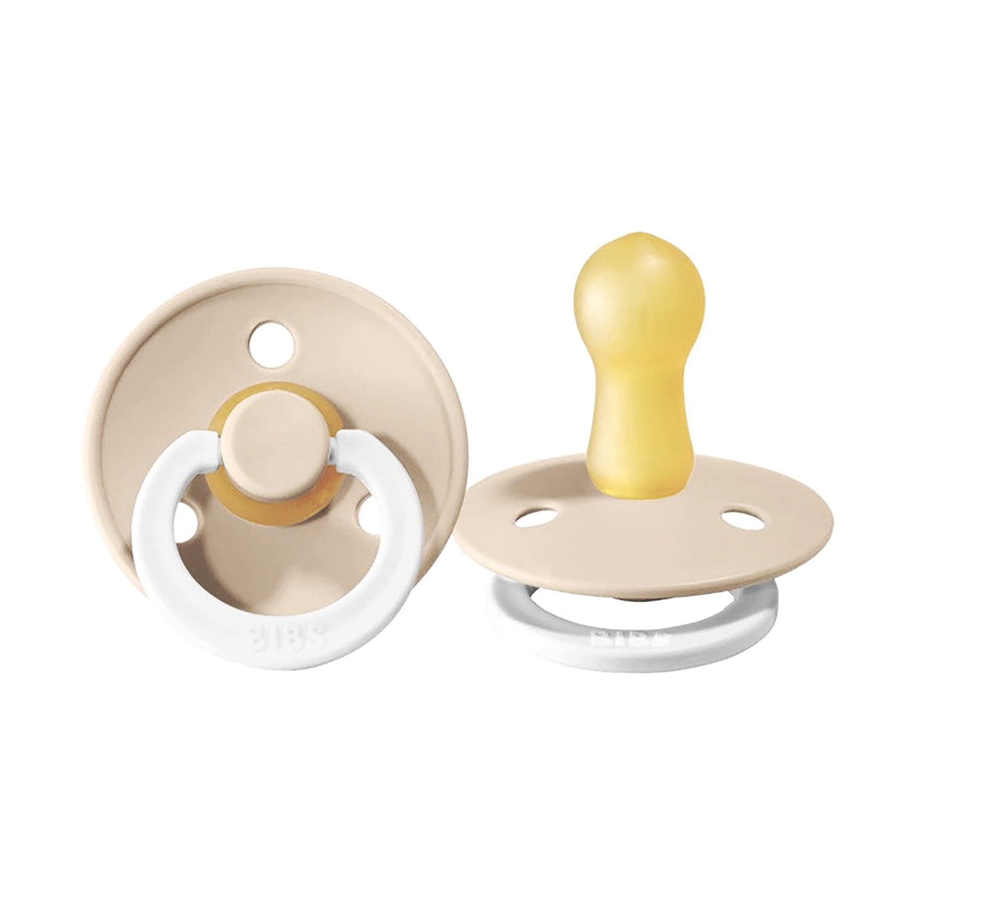 Two beige BIBS Pacifiers Colour Night Glow Vanilla for Toshi Baby and baby strollers