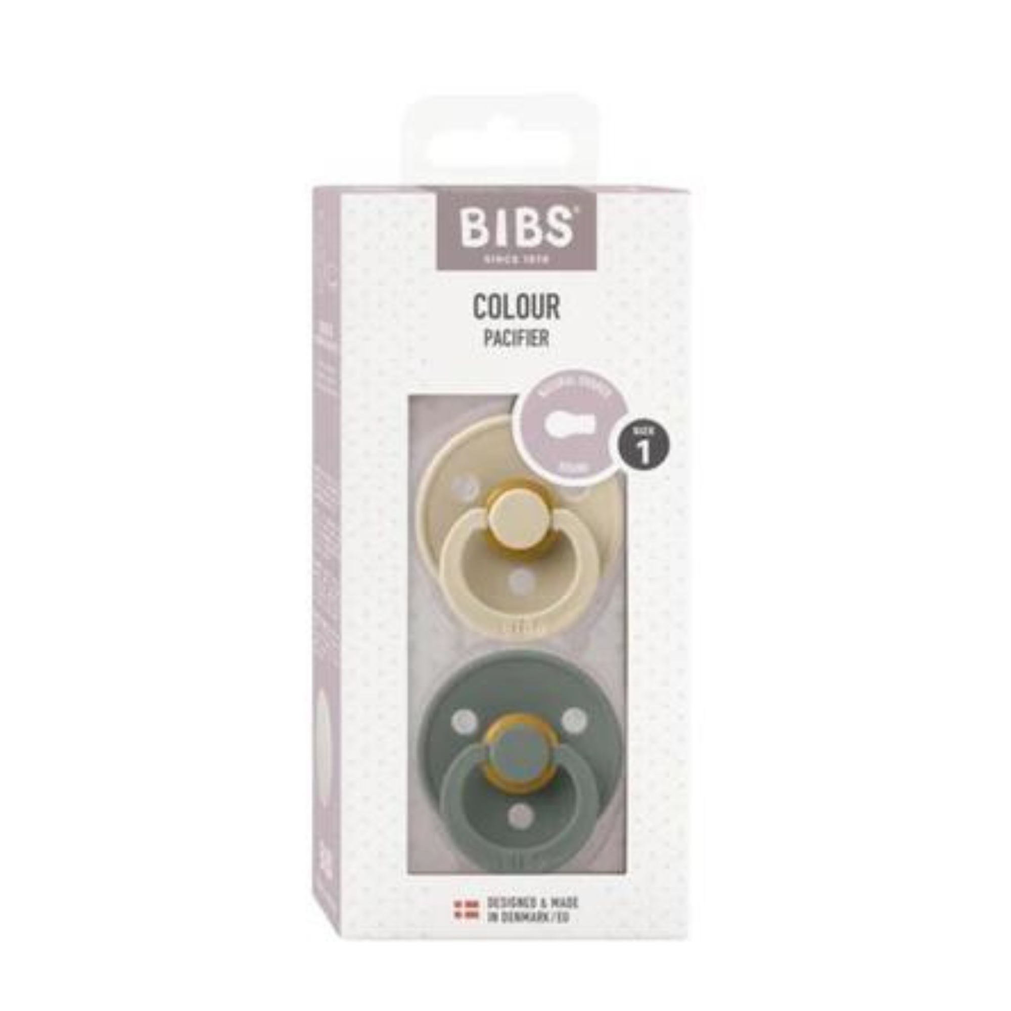 Two-pack of BIBS Pacifier Colour Vanilla/Pine in box, made with natural rubber latex