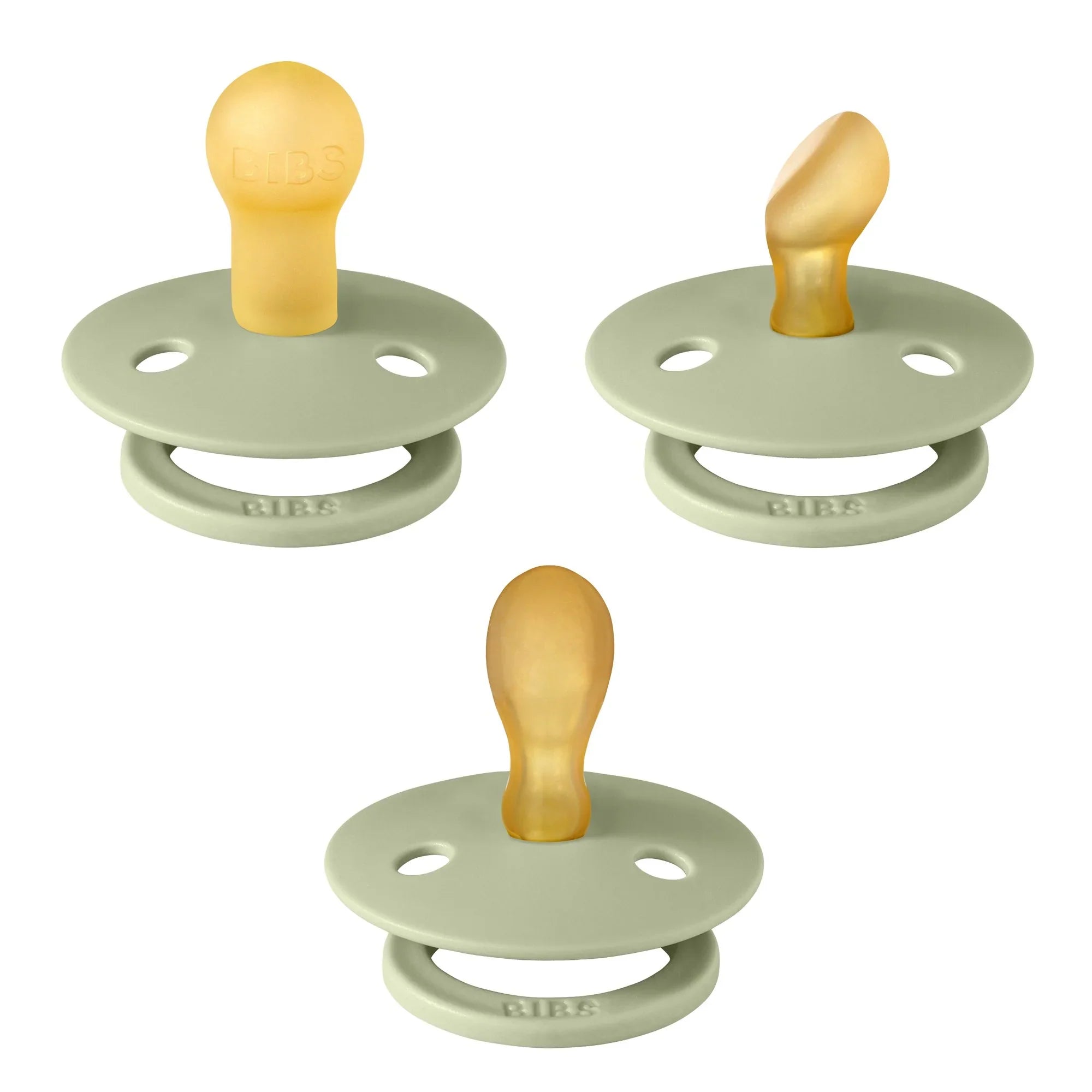 BIBS Pacifier Try-it Colour 3pk with three sage-green amber nipple pacifiers