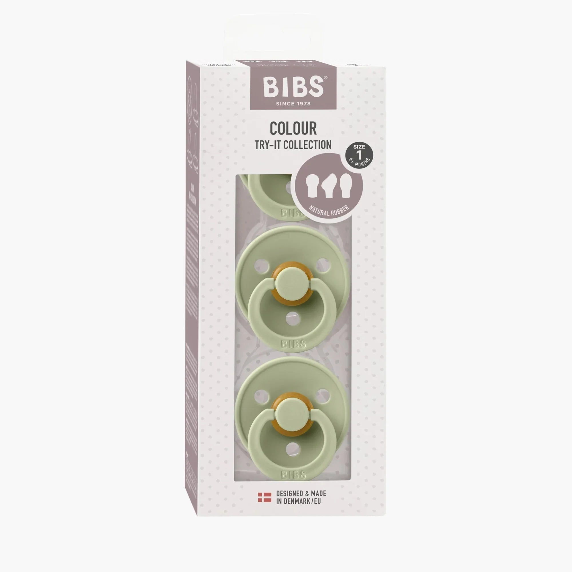 Three green BIBS Pacifier Try-it Colour 3pk in a box for little ones