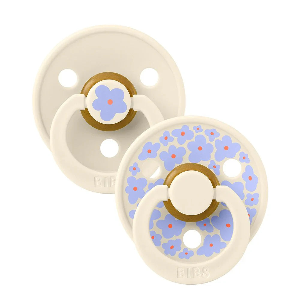 Two floral-patterned pacifiers from BIBS Studio Colour Jasmine Ivory Mix 2pk
