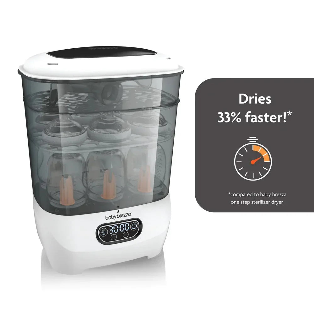 Baby Brezza One Step Steriliser-Dryer shown for bare mum postpartum needs and odyssey wagon wheels