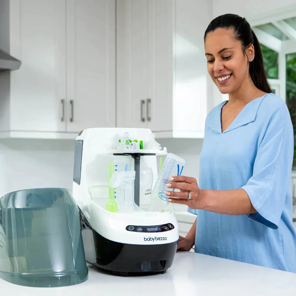 Baby Brezza Bottle Washer Pro sterilizes and dries pump parts and baby bottles easily