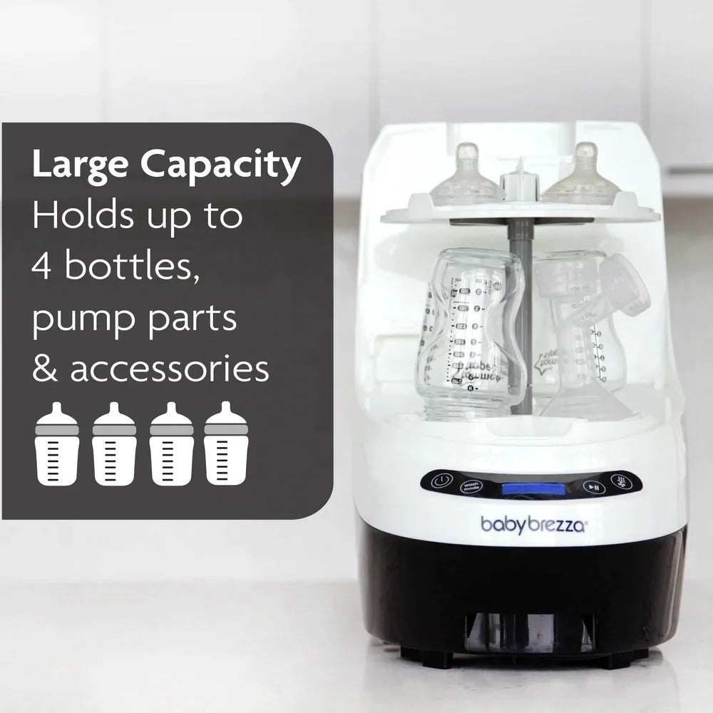 Baby Brezza Bottle Washer Pro sterilizes pump parts and baby bottles effortlessly