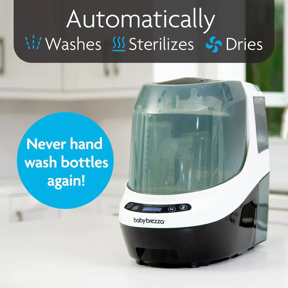 Baby Brezza Bottle Washer Pro sterilizes pump parts and baby bottles effortlessly