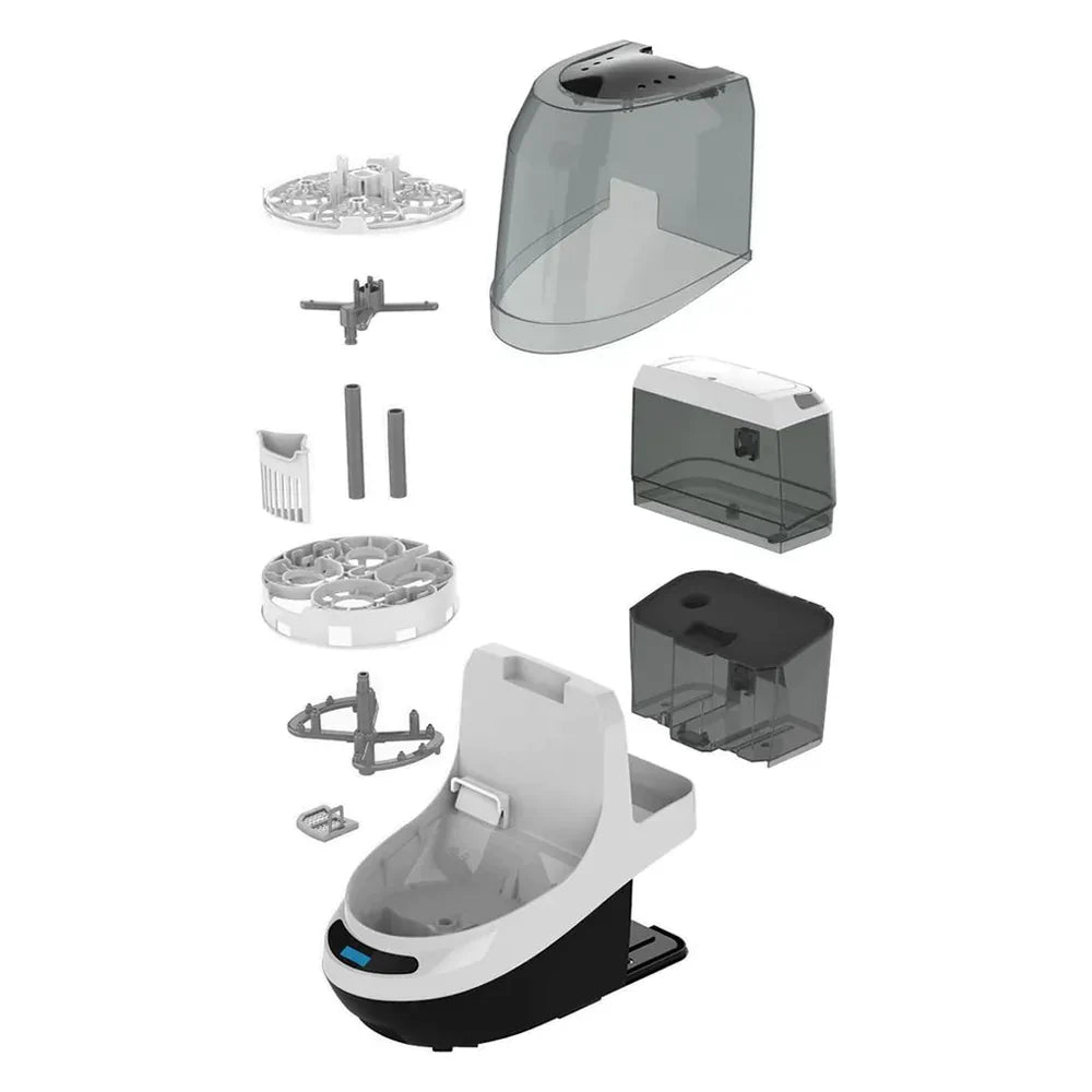 Exploded view of white and black Baby Brezza automatic cat litter box with pump parts