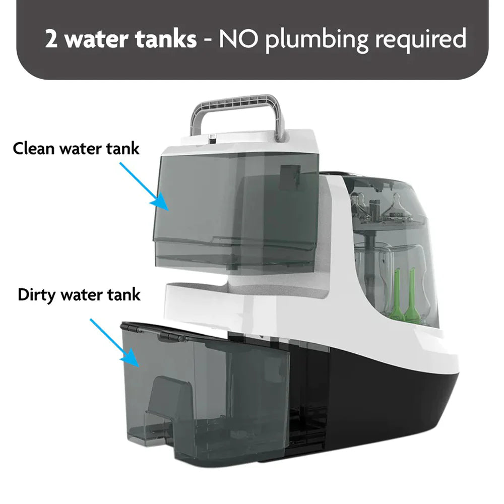 Baby Brezza Bottle Washer Pro with clean and dirty water tanks for pump parts cleaning