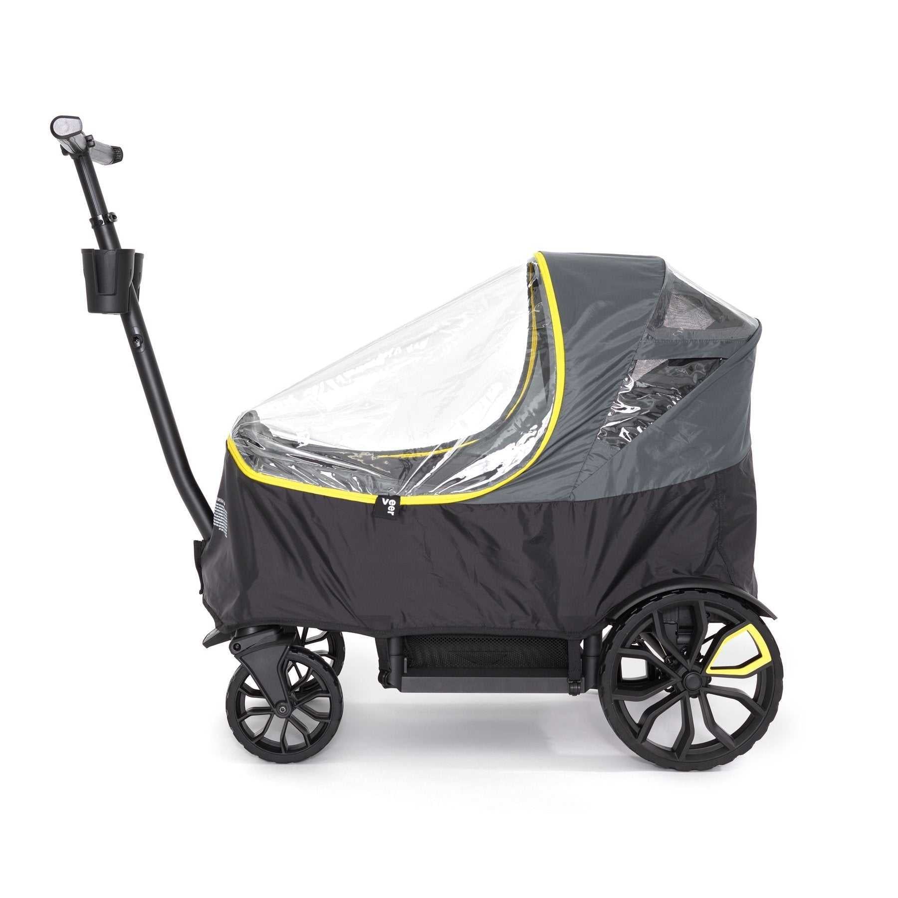 Black and gray pet stroller with rain cover for baby strollers, Veer Weather Cover