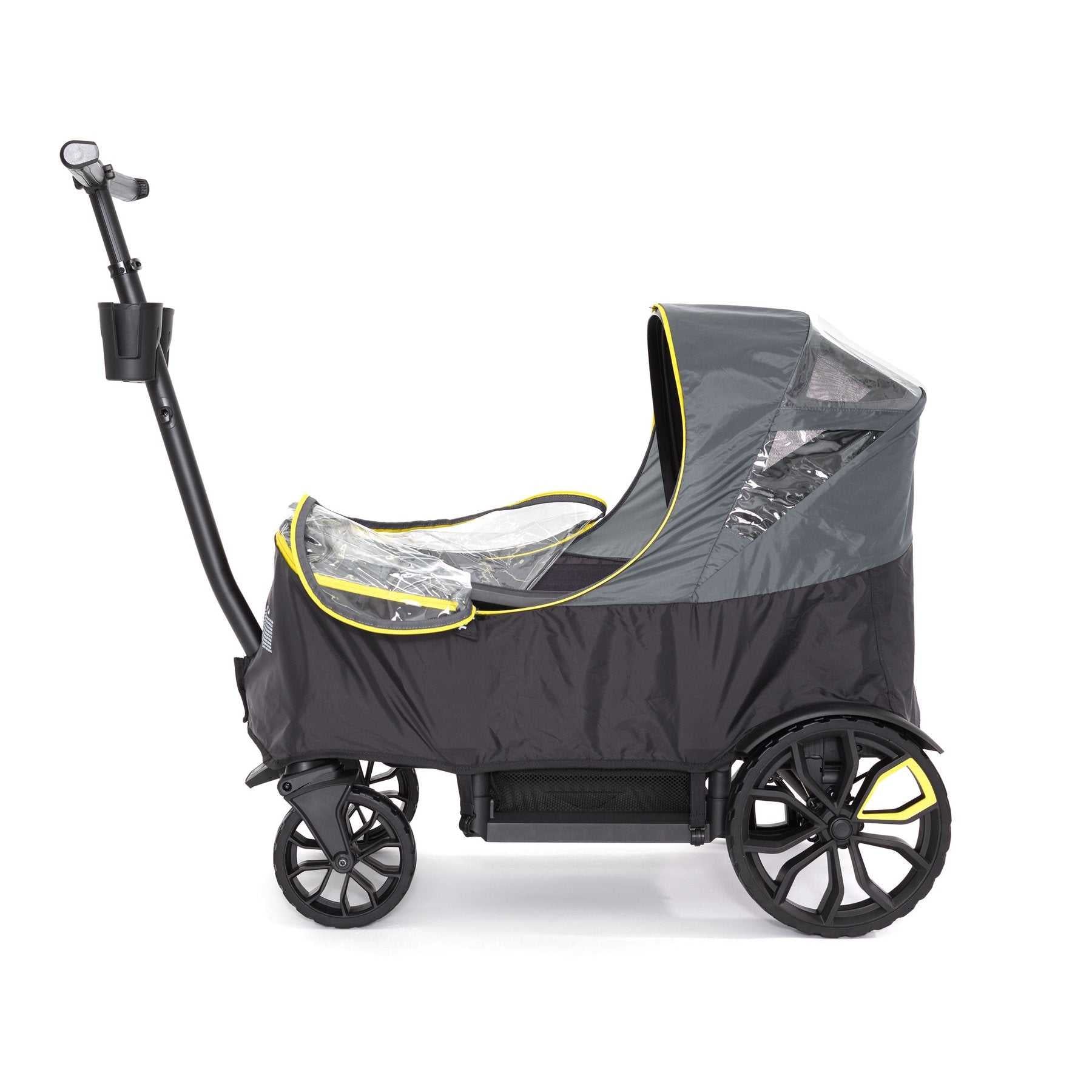 Black and gray pet stroller with clear rain cover, perfect for baby strollers and Odyssey wagon wheels