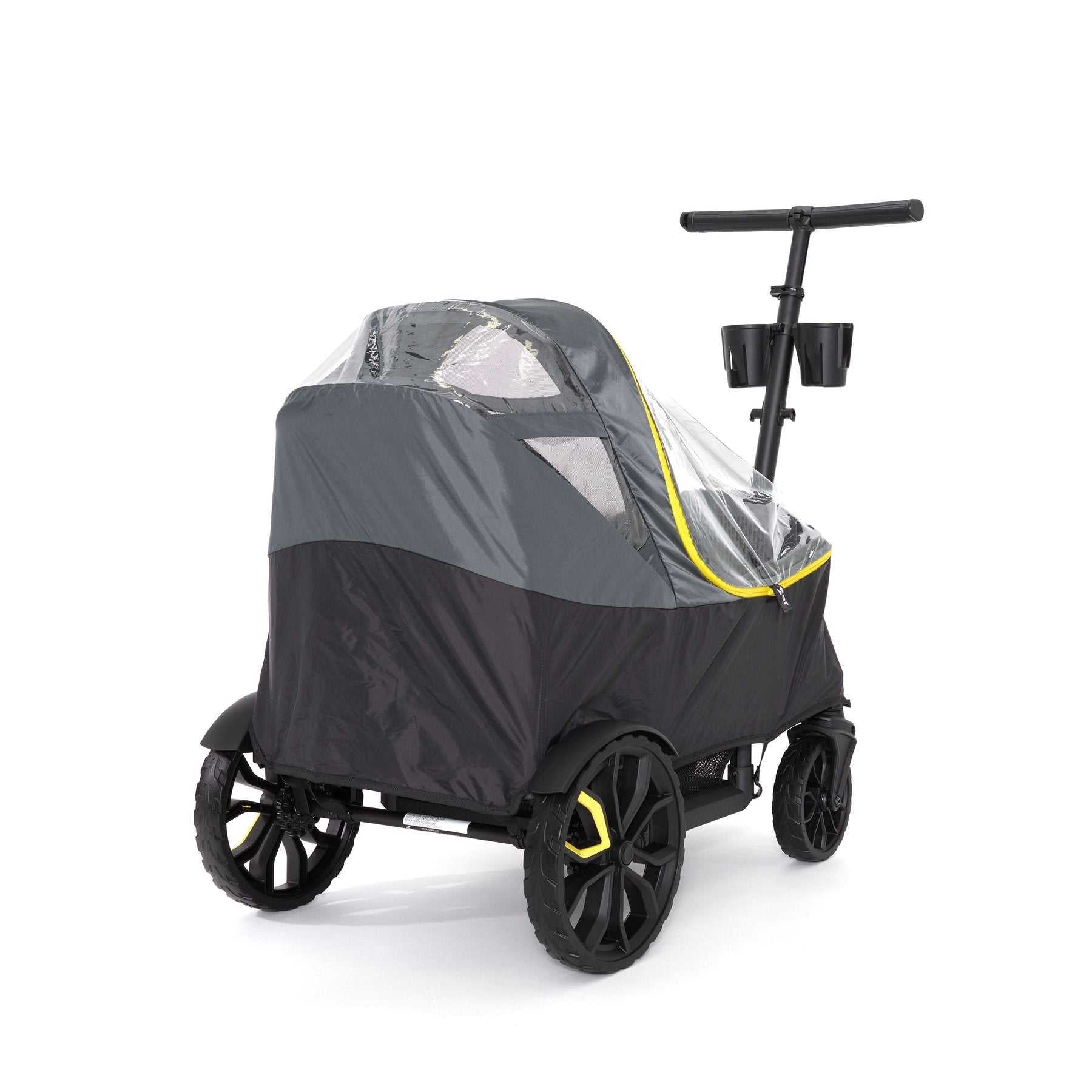 Covered black stroller wagon for baby strollers with Veer Weather Cover, perfect for Odyssey Wagon Wheels