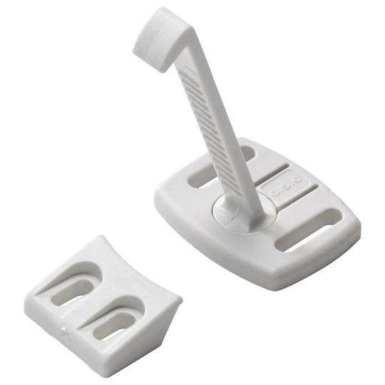 White plastic child safety latch for Babydan drawer and cupboard lock by Toshi Baby