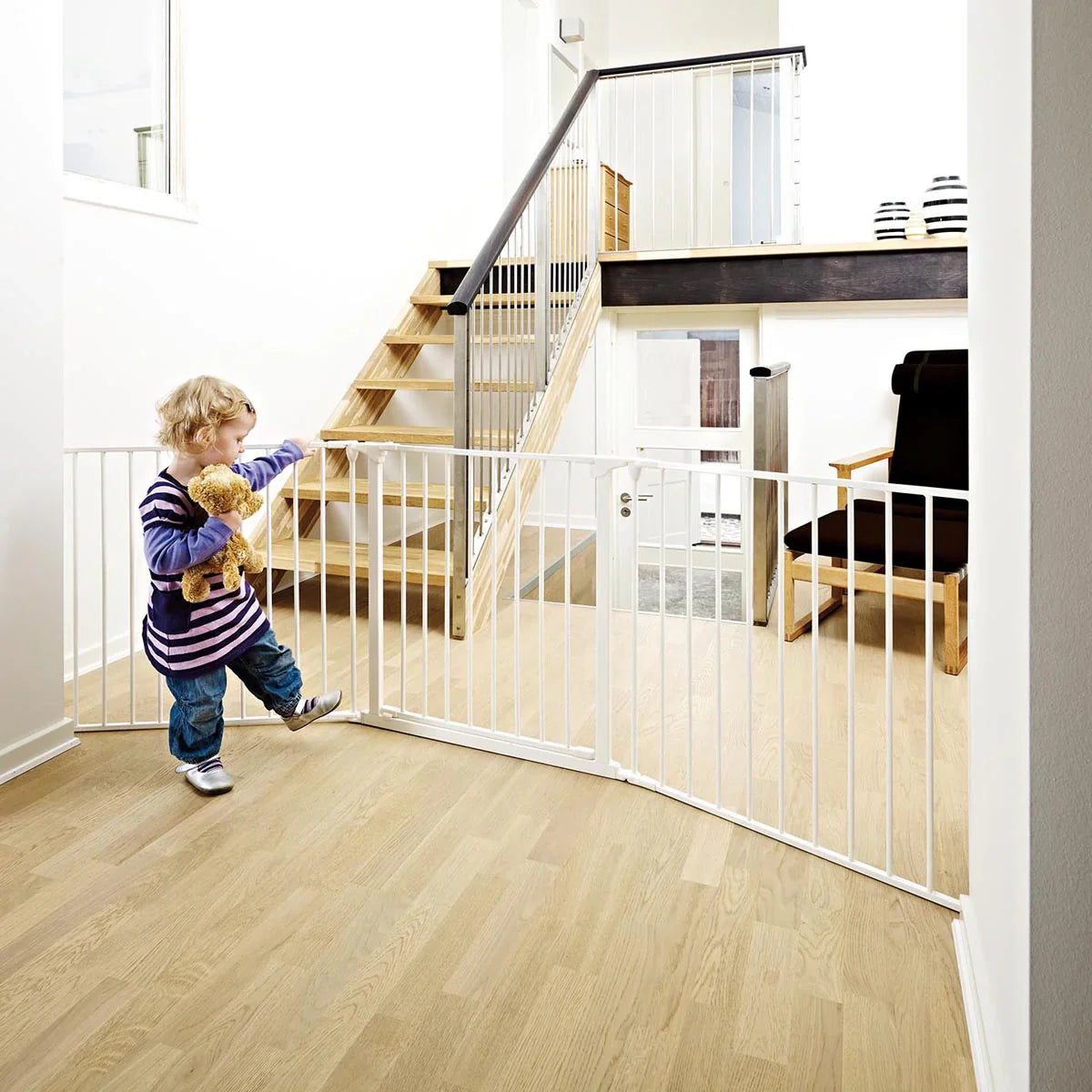 White Metal Safety Gate from BabyDan Flex Configure for Toshi Baby Strollers