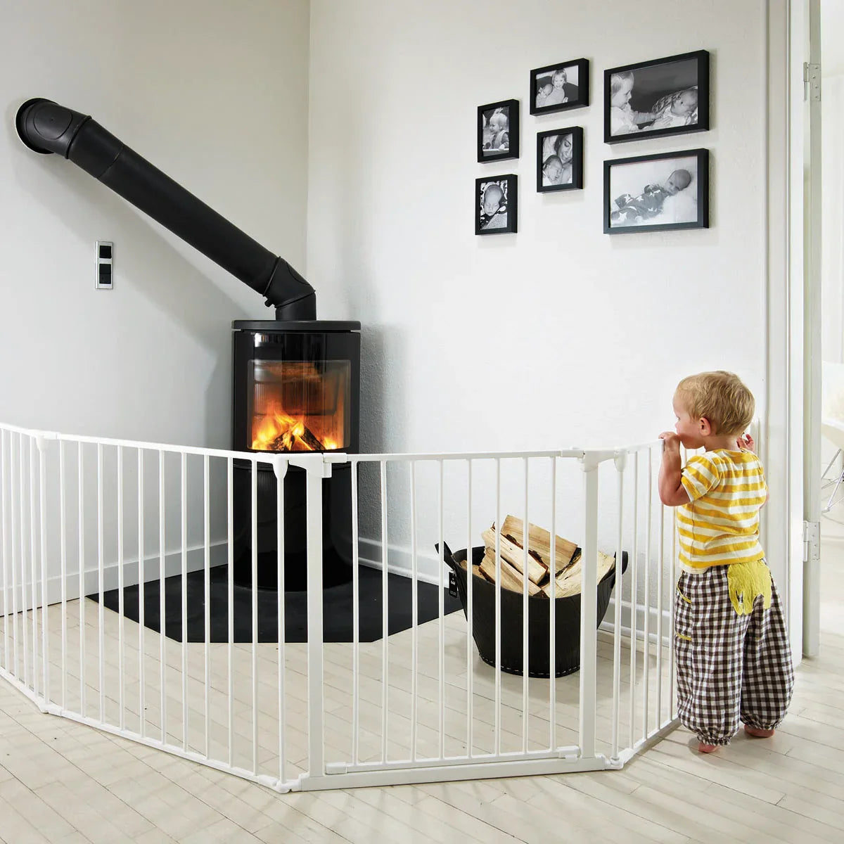 White safety gate around fireplace for BabyDan Flex Configure extra large pre-bundled setup