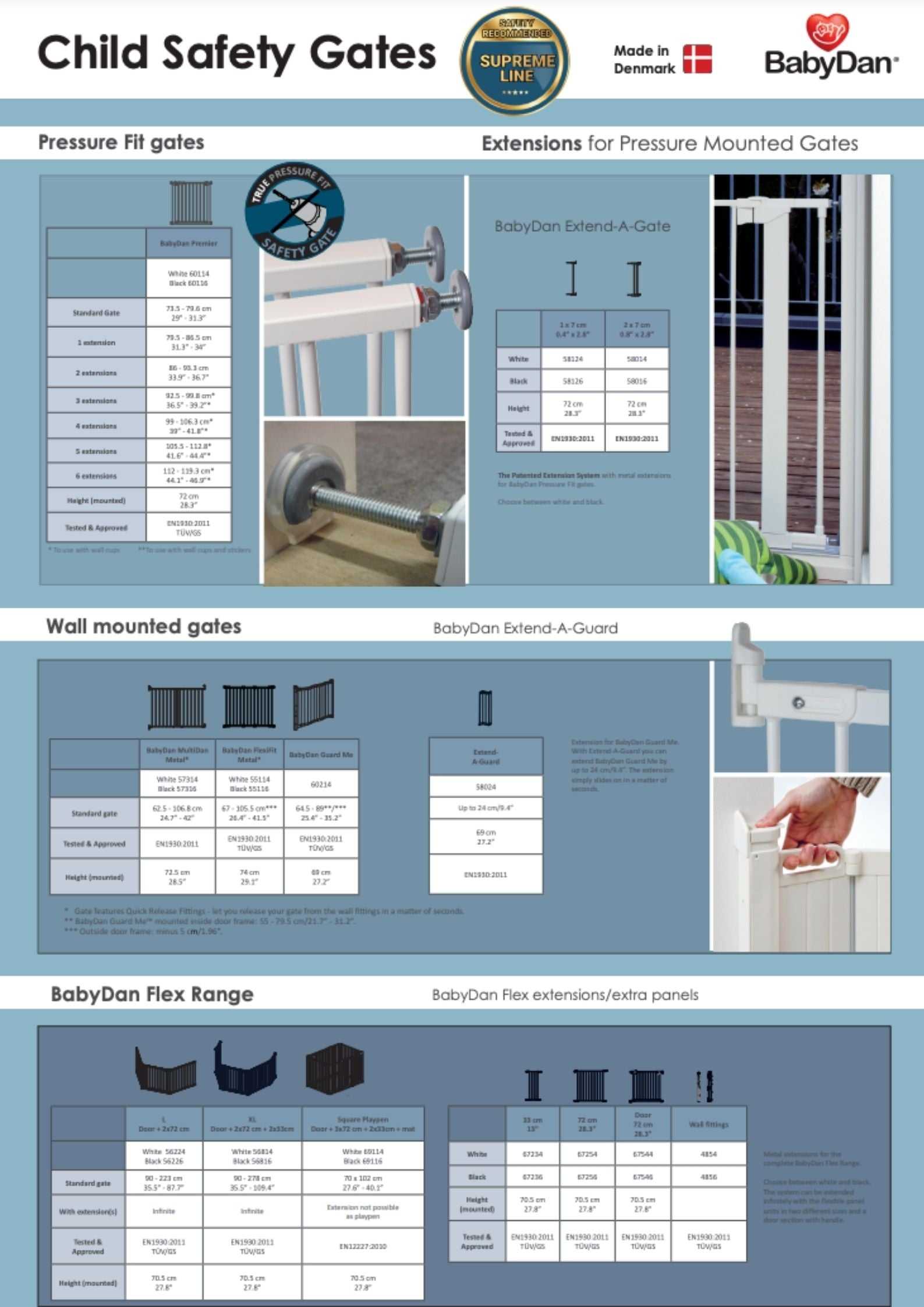 Child safety gate catalog featuring BabyDan Guard Me Extensions White, perfect baby barrier for strollers