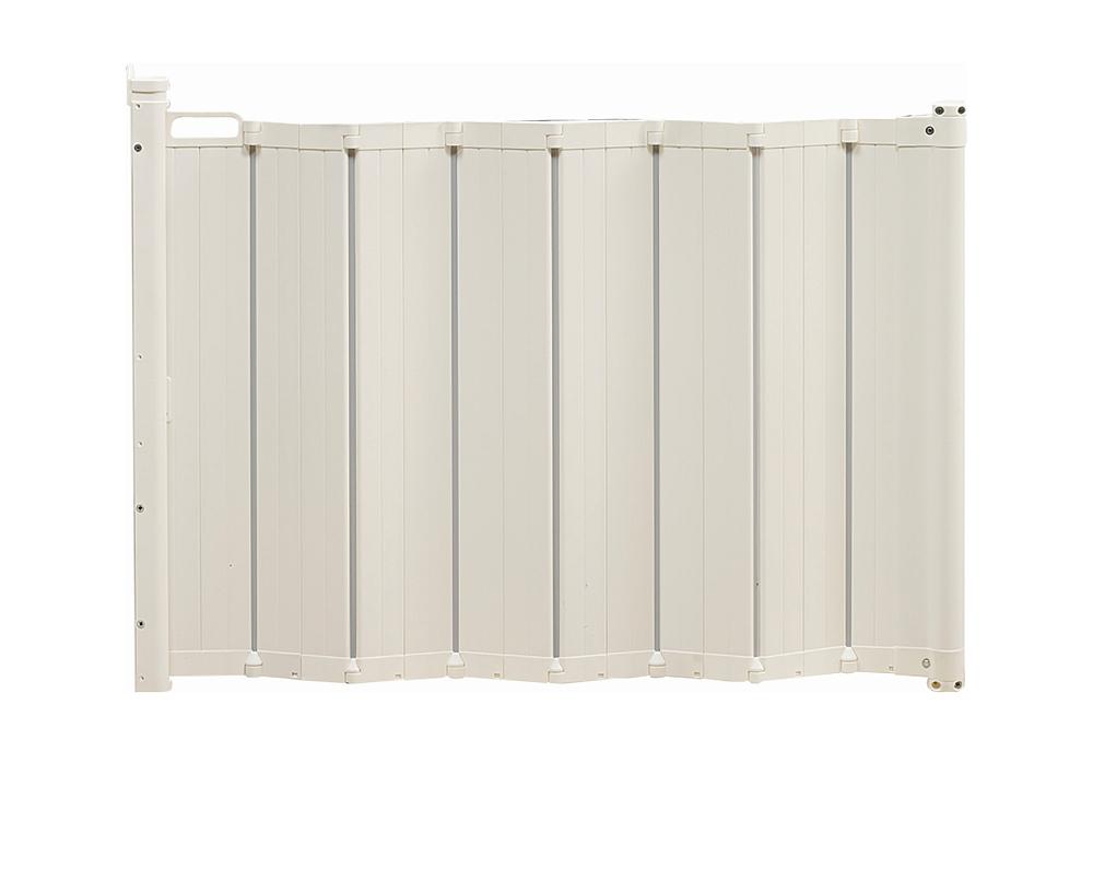 White accordion-style baby gate from BabyDan Guard Me Gate White perfect for baby strollers and more