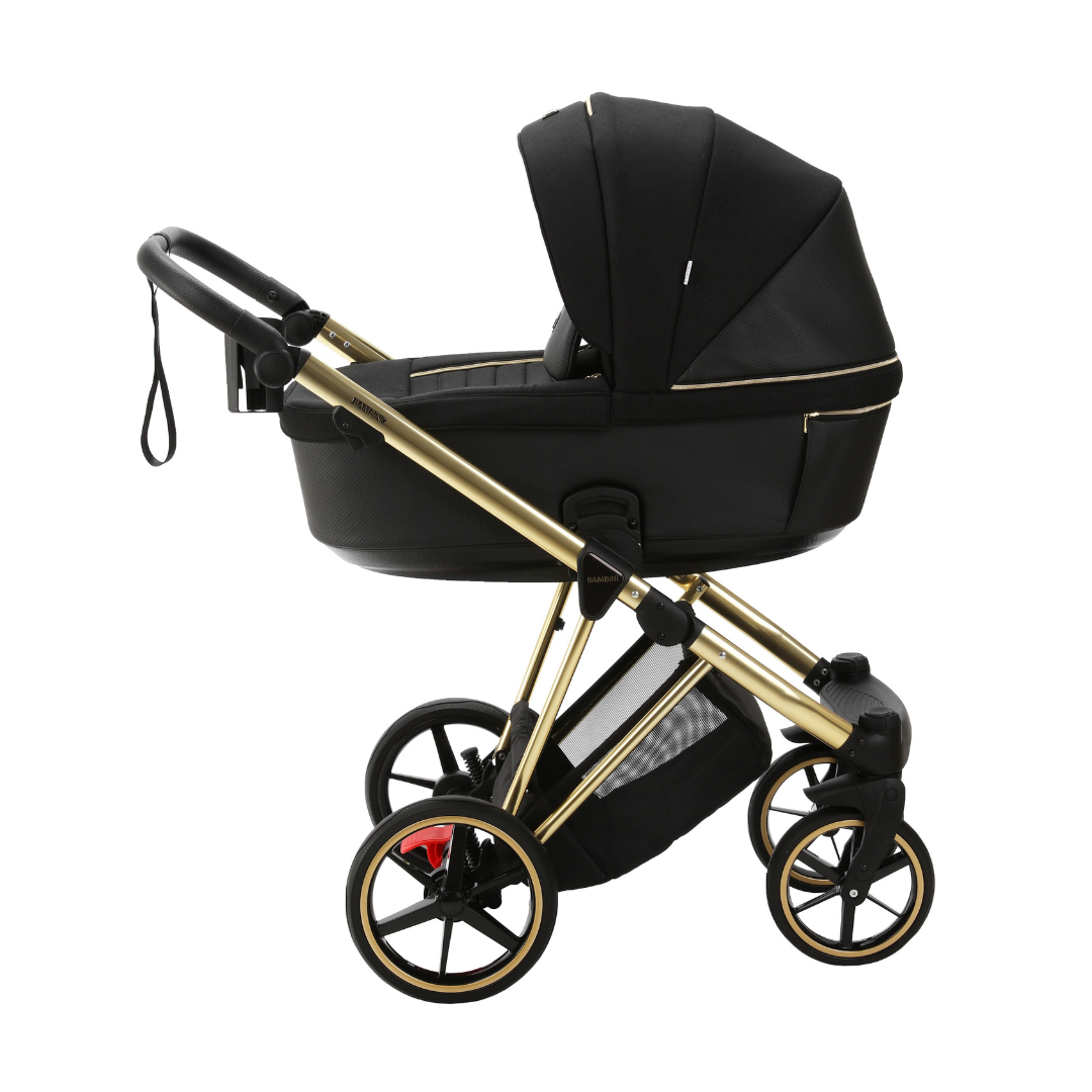 Black and gold baby stroller from Bambini Geneva Modern Pram featuring the GIFT Bassinet Stand
