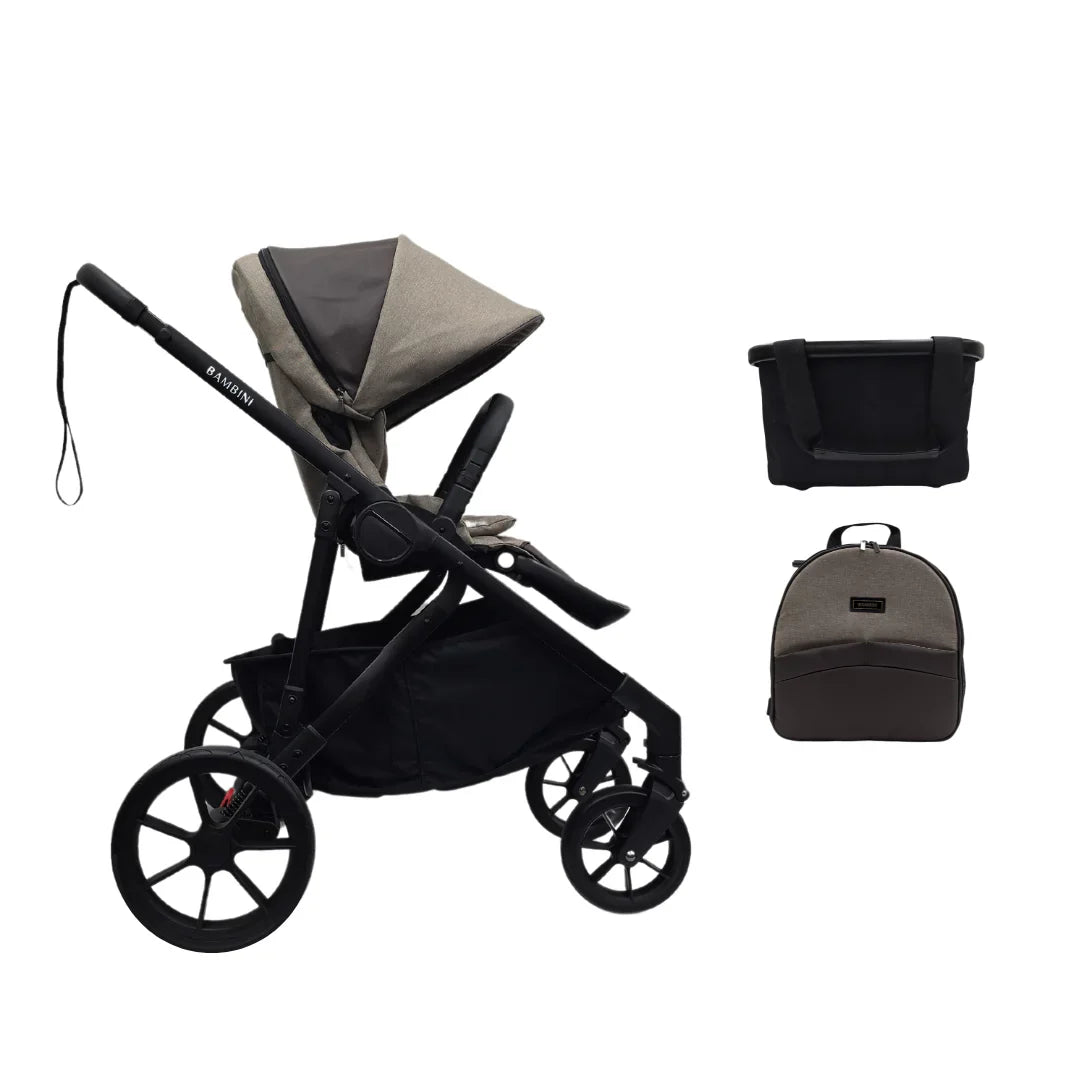 Black and gray Bambini Lisbon Sofia Black Mocha single pram with accessories
