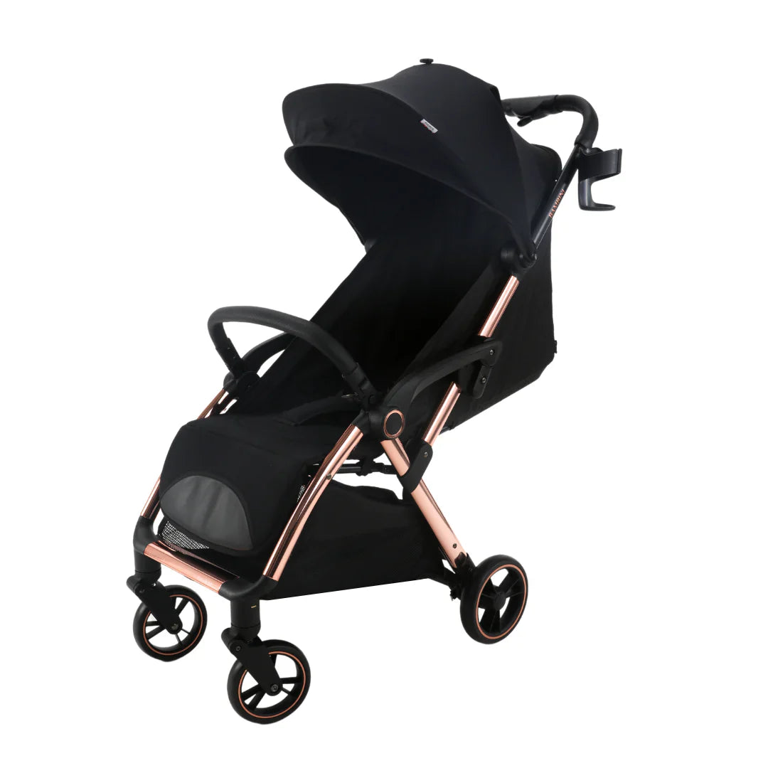 Black Bambini Prams Paris travel stroller with rose gold frame for easy cruising