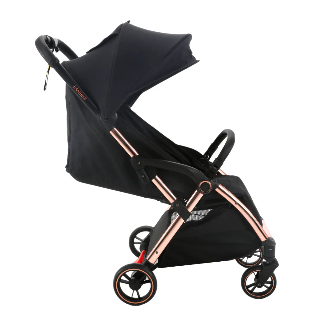 Black and rose gold Bambini Prams Paris travel stroller perfect for city trips