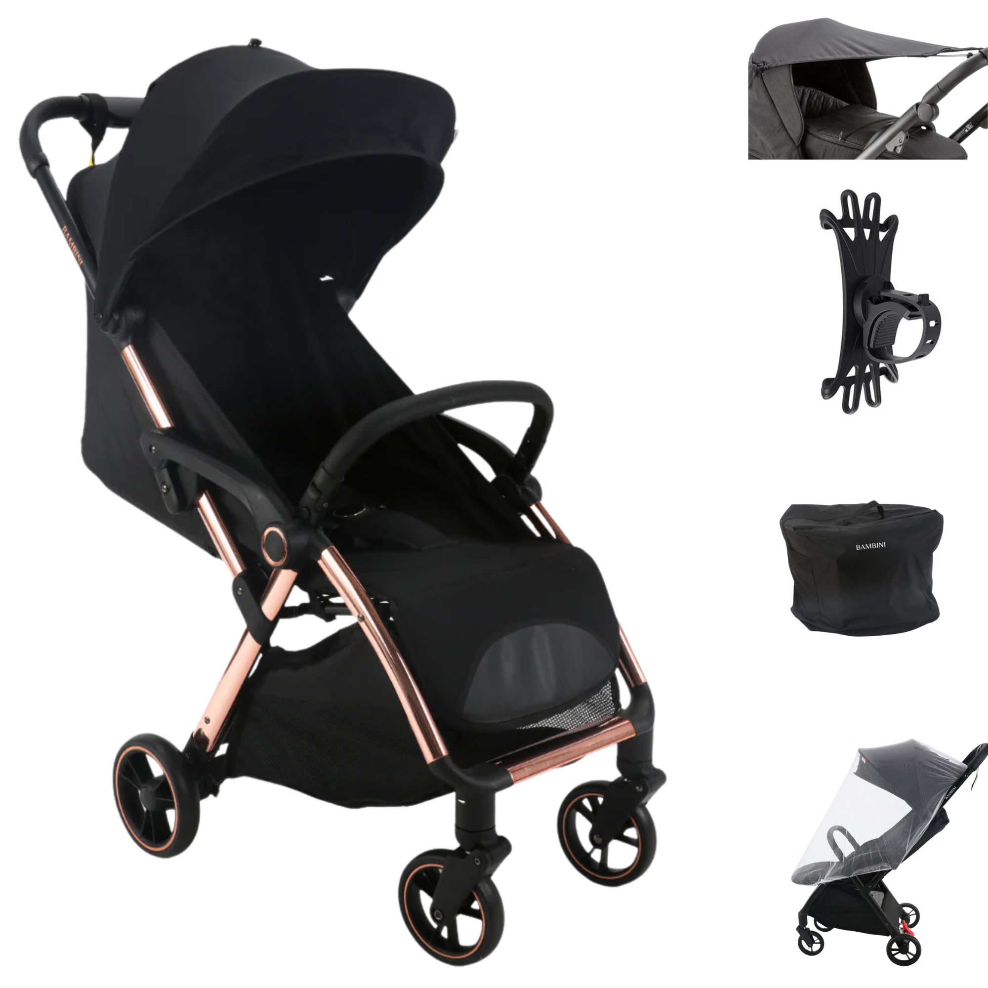 Black and rose gold Bambini Prams Paris travel stroller for easy on-the-go baby strollers