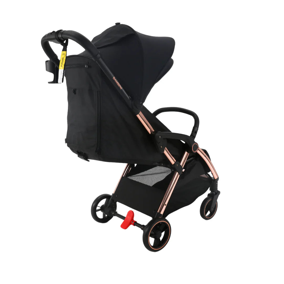Black and rose gold Bambini Prams Paris travel stroller perfect for Paris travel adventures